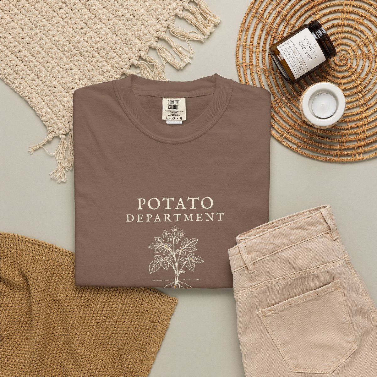 Potato Department Tee in Espresso, fabric and print detail