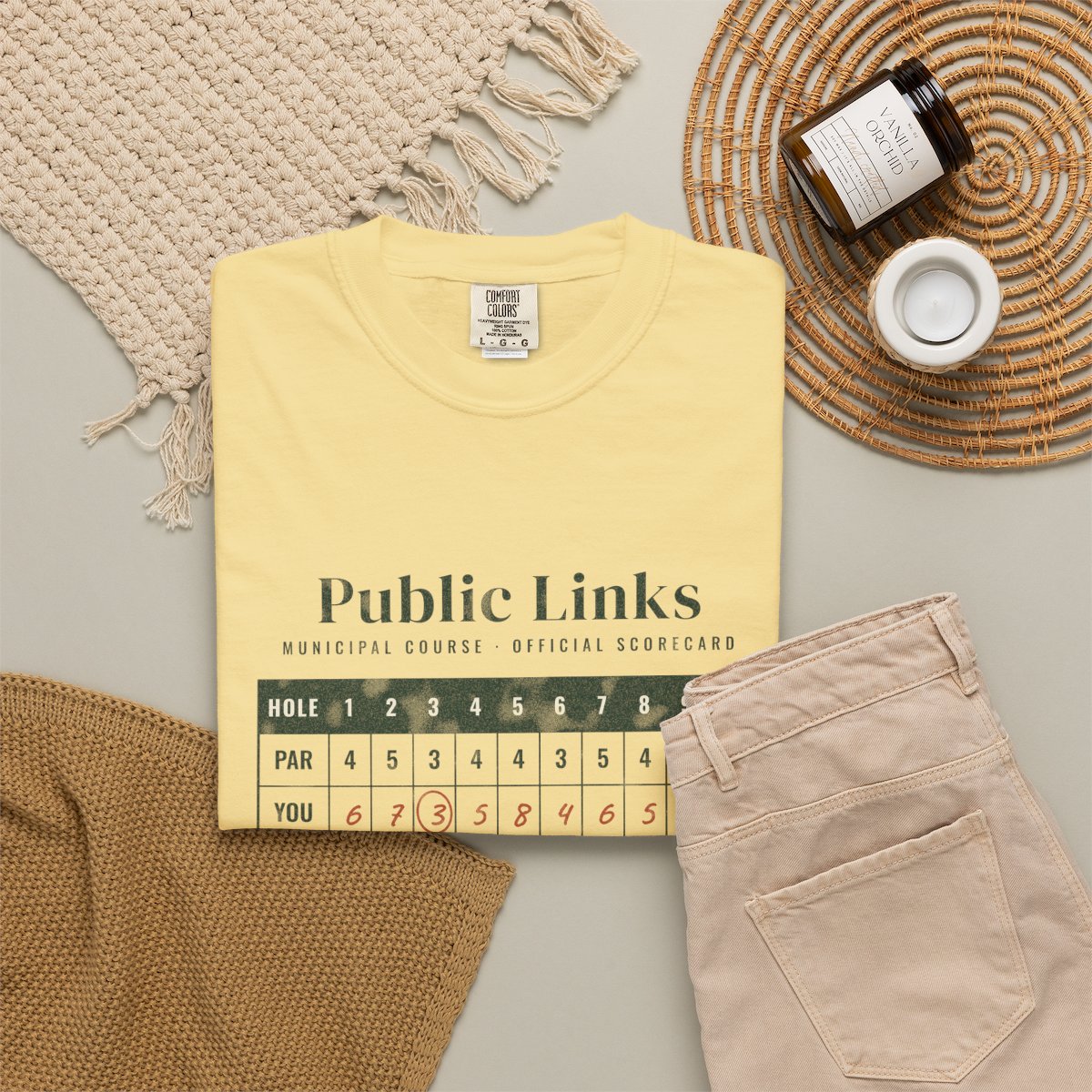 Public Links Scorecard Tee in Butter, fabric and print detail