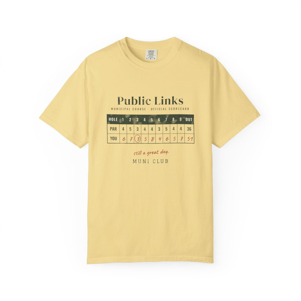 Public Links Scorecard Tee in Butter, front view