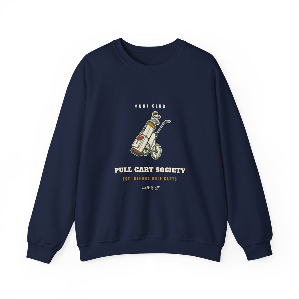 Pull Cart Society Crewneck in Navy, front view