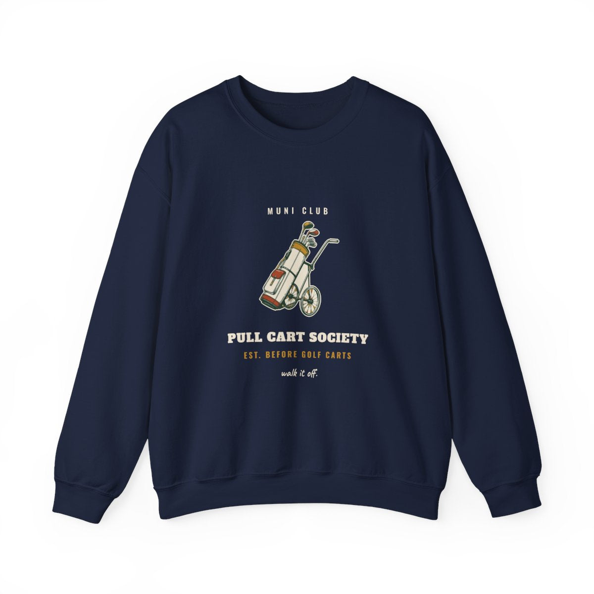 Pull Cart Society Crewneck in Navy, front view