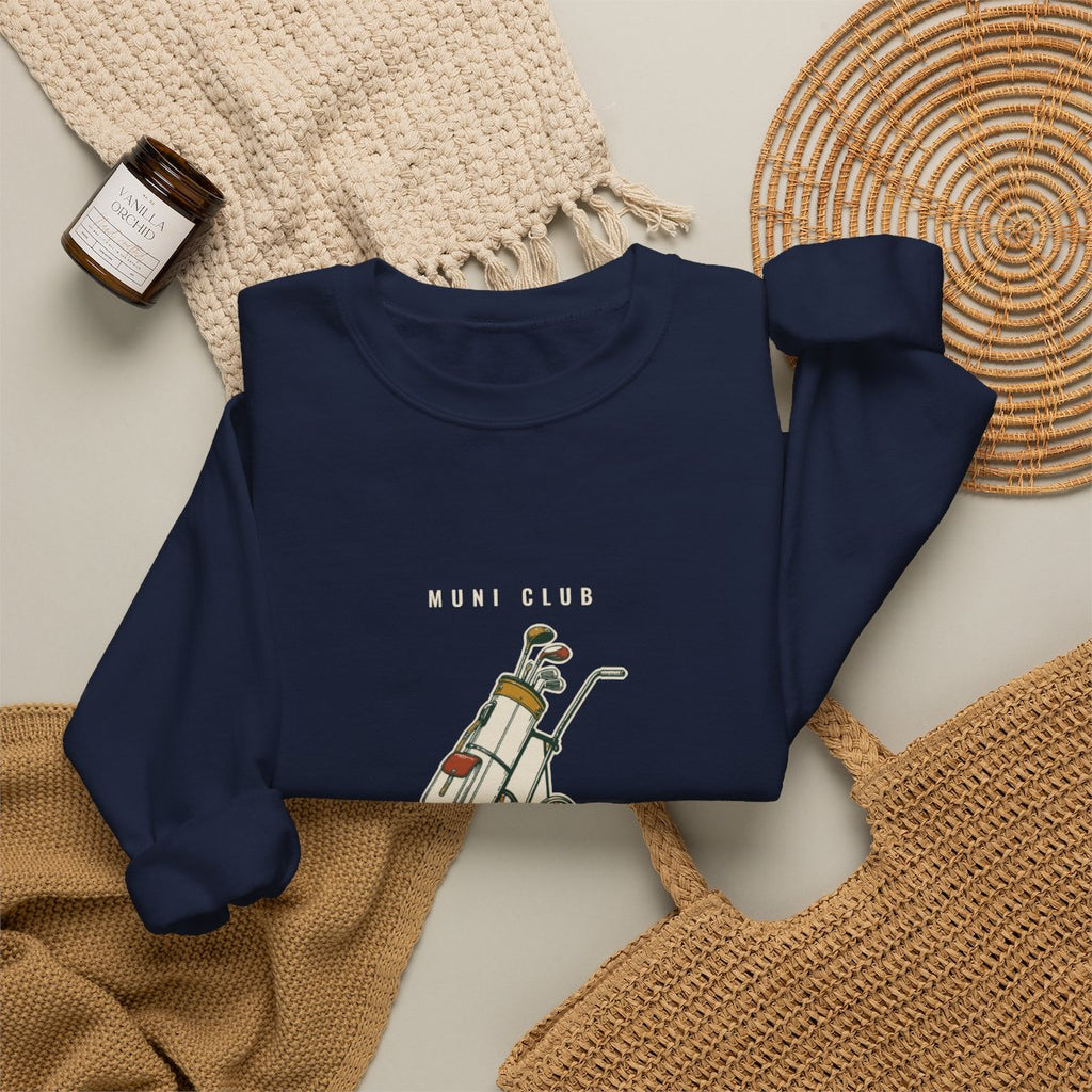 Pull Cart Society Crewneck in Navy, fabric and print detail