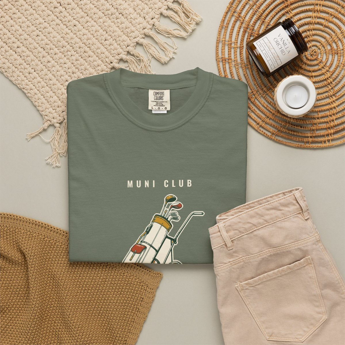 Pull Cart Society Tee in Moss, fabric and print detail