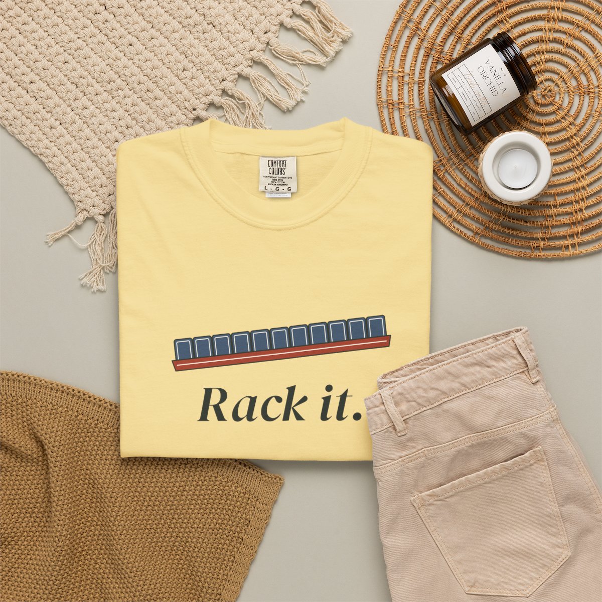 Rack It Tee in Butter, fabric and print detail