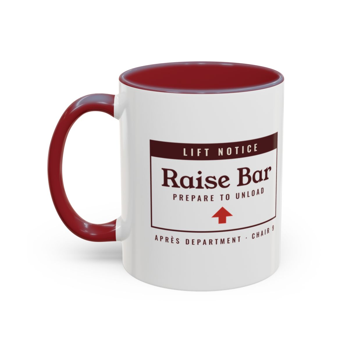 Raise the Bar Mug in Maroon, left side