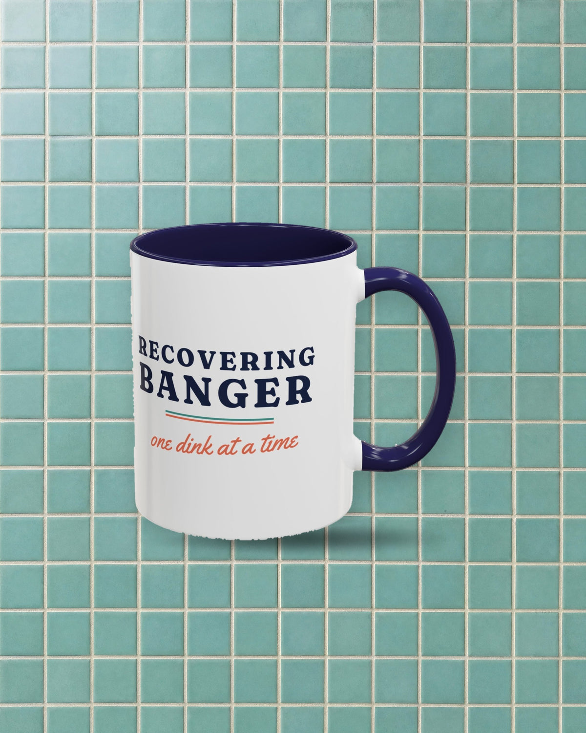Recovering Banger Mug in Navy, styled