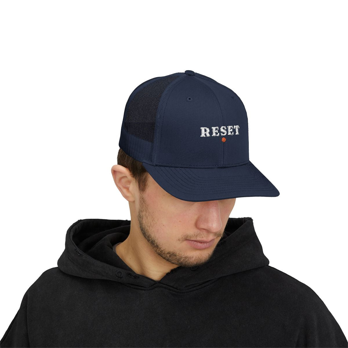 Reset Trucker Hat in Navy, on model