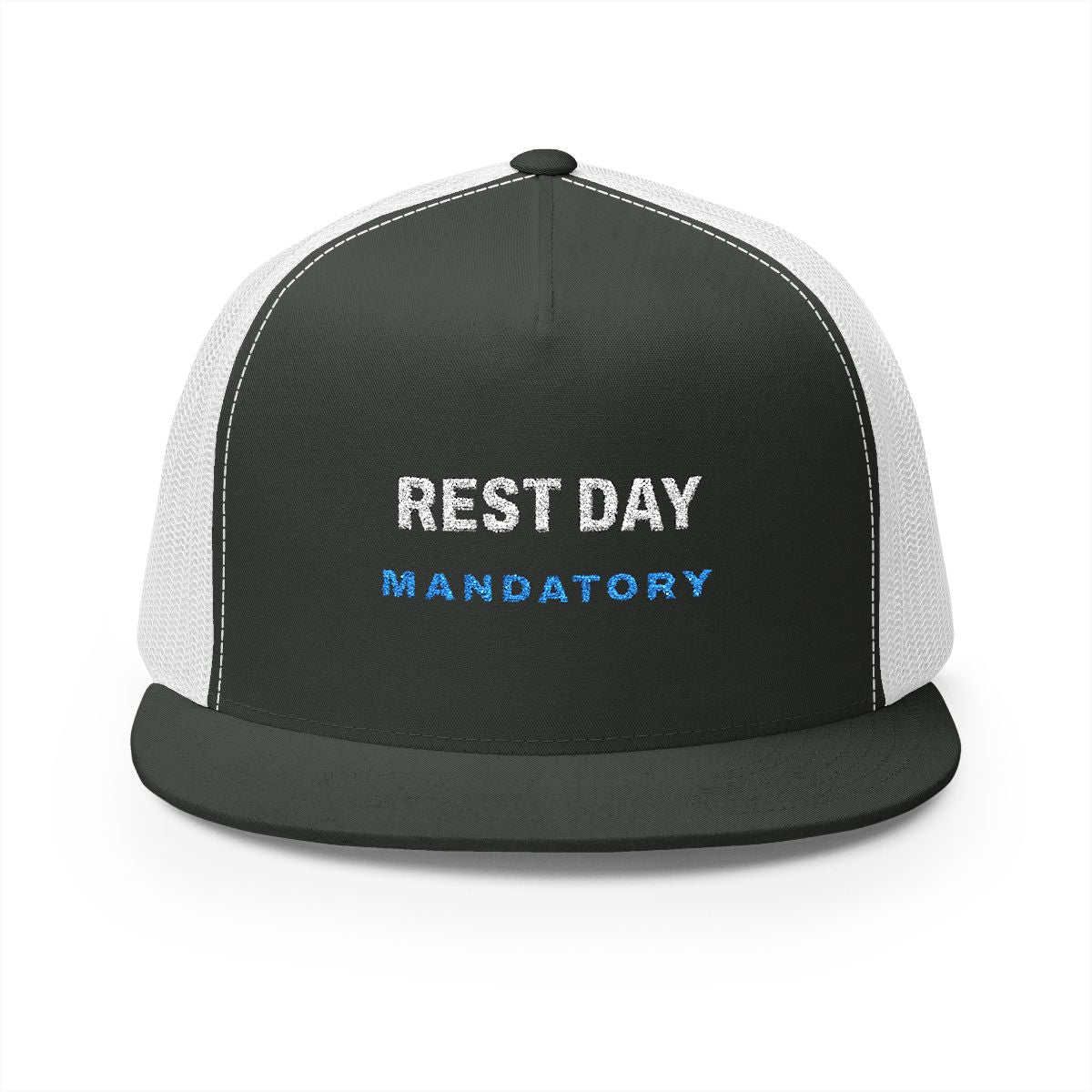 Rest Day Trucker Cap in Charcoal/White, front view