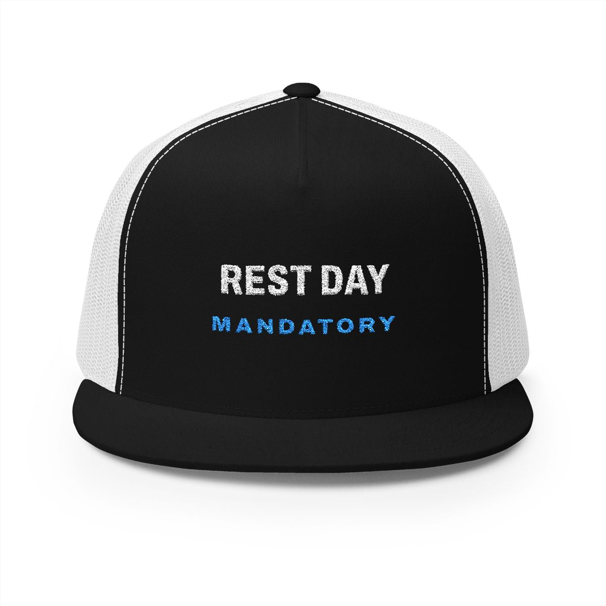 Rest Day Trucker Cap in Black/White, front view
