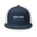 Rest Day Trucker Cap in Navy/White, front view