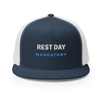 Rest Day Trucker Cap in Navy/White, front view