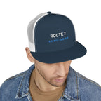 Route 7 Trucker Cap in Navy/White, on model