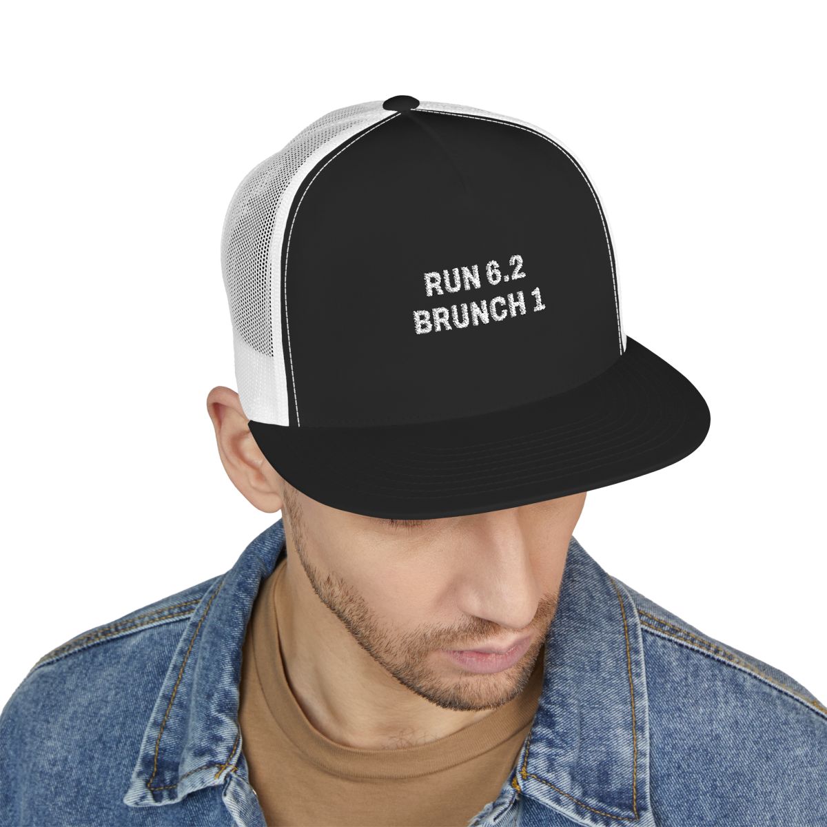 Run 6.2, Brunch 1 Trucker Cap in Black/White, on model