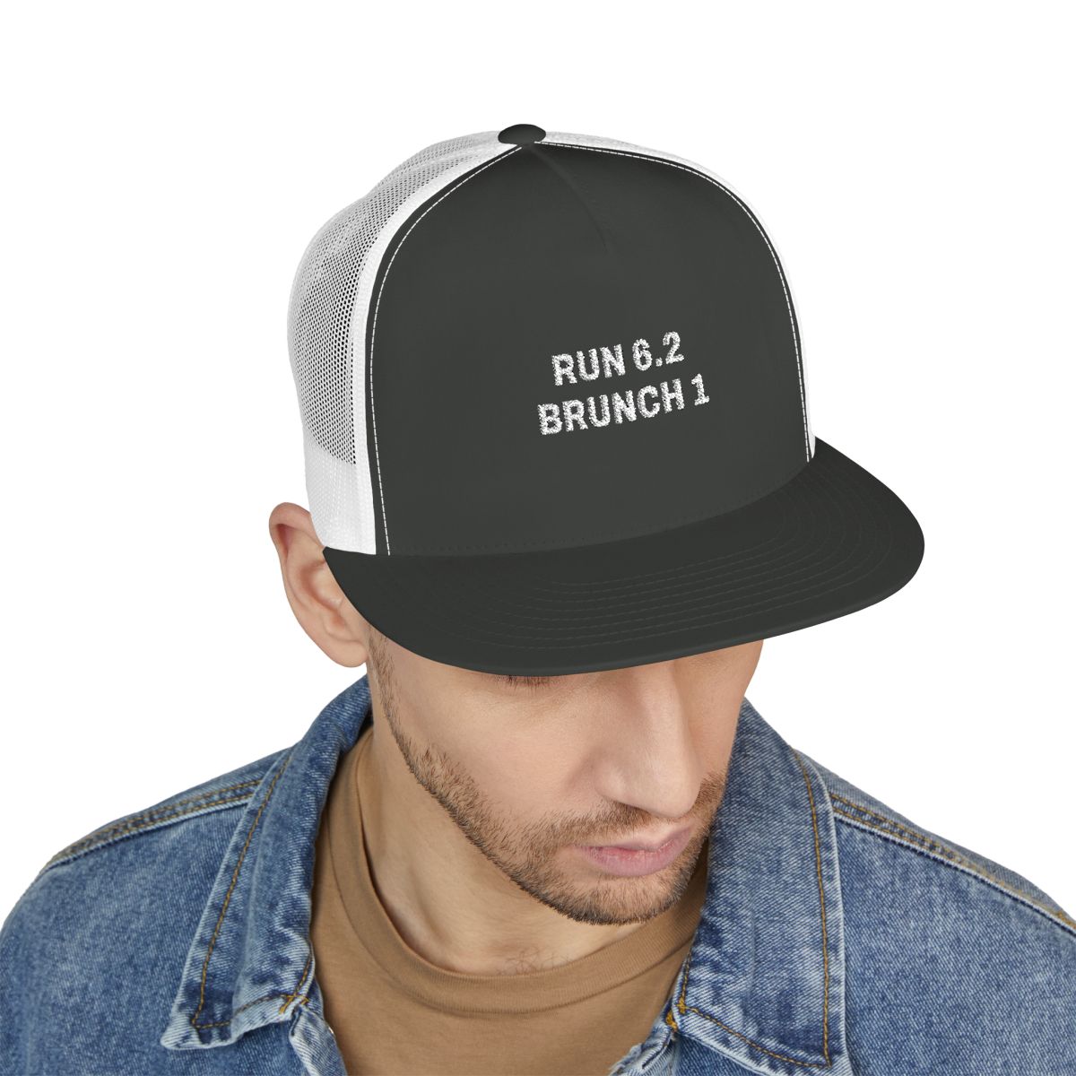 Run 6.2, Brunch 1 Trucker Cap in Charcoal/White, on model