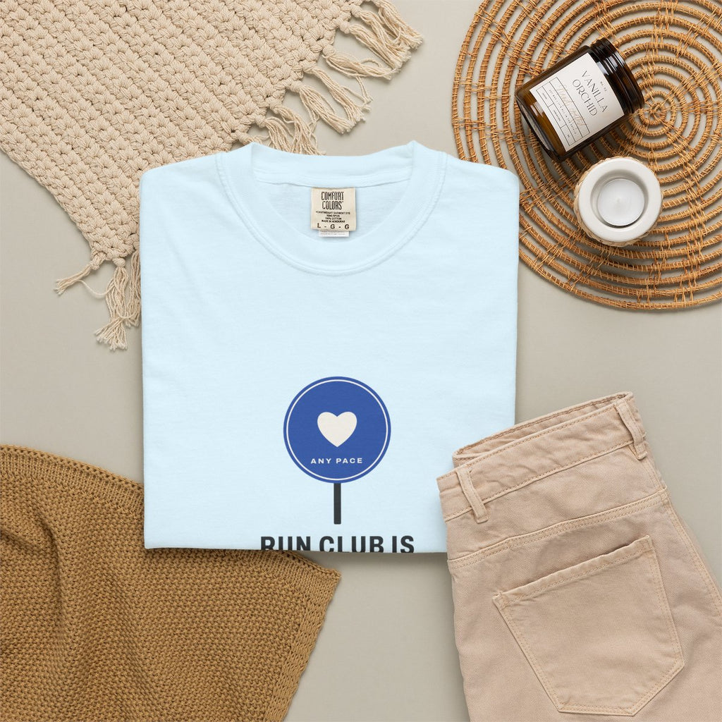 Run Club Is My Dating App Tee in Chambray, fabric and print detail