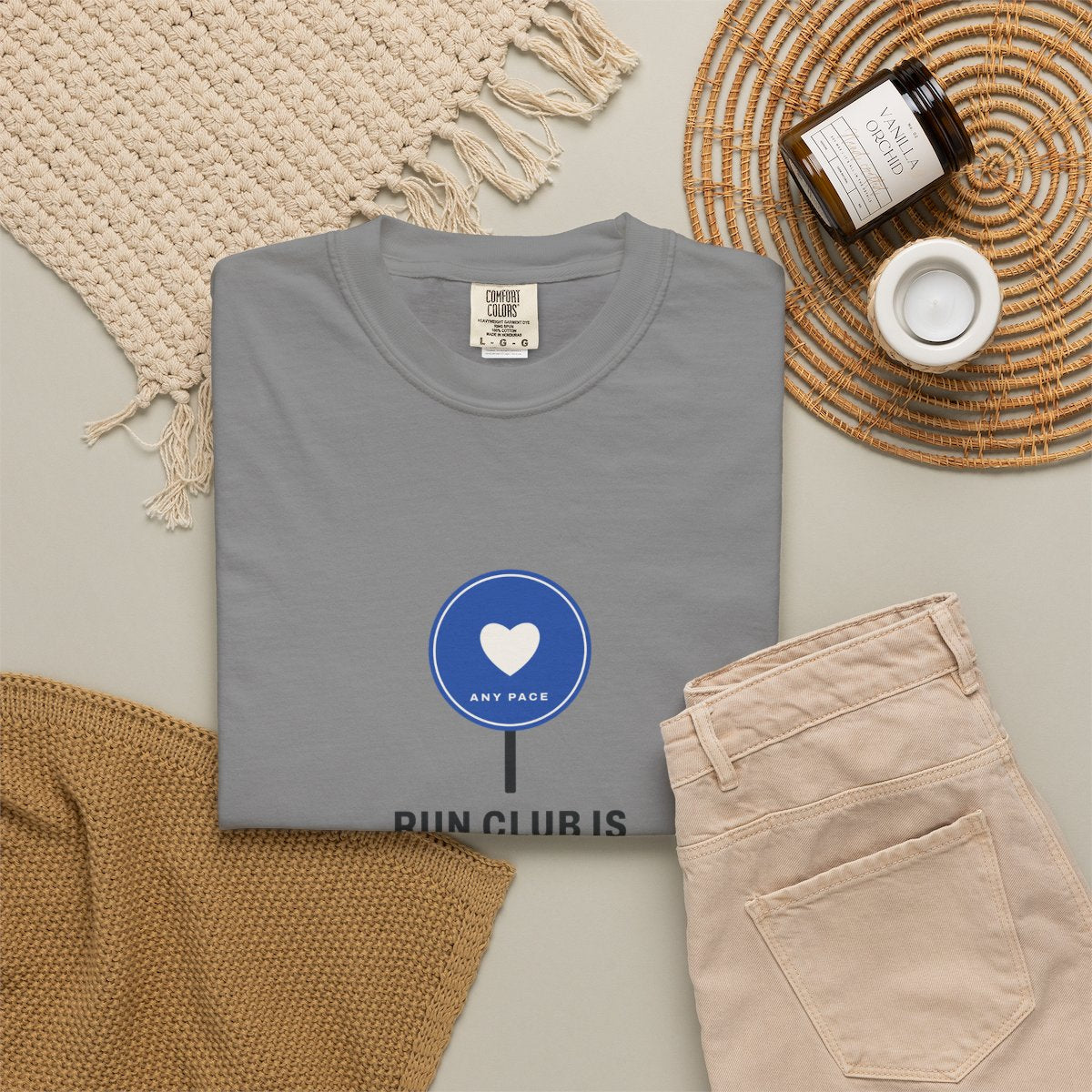 Run Club Is My Dating App Tee in Grey, fabric and print detail