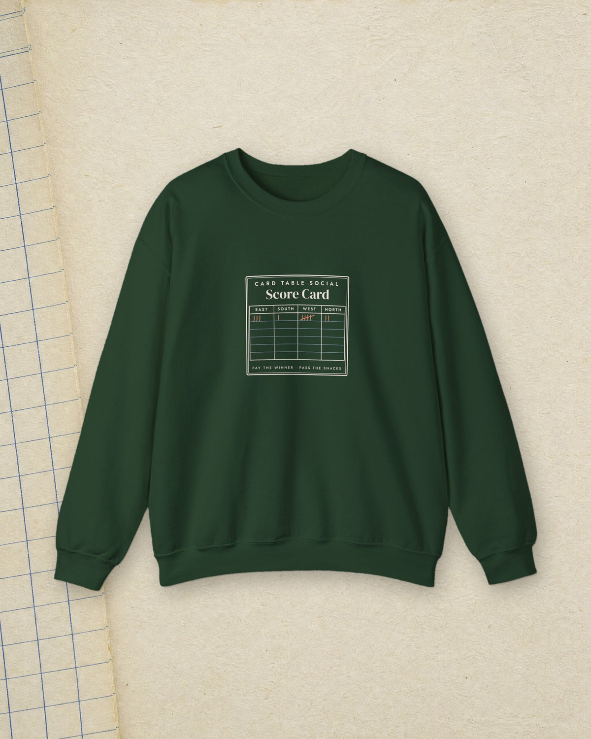 Score Card Crewneck in Forest Green, styled