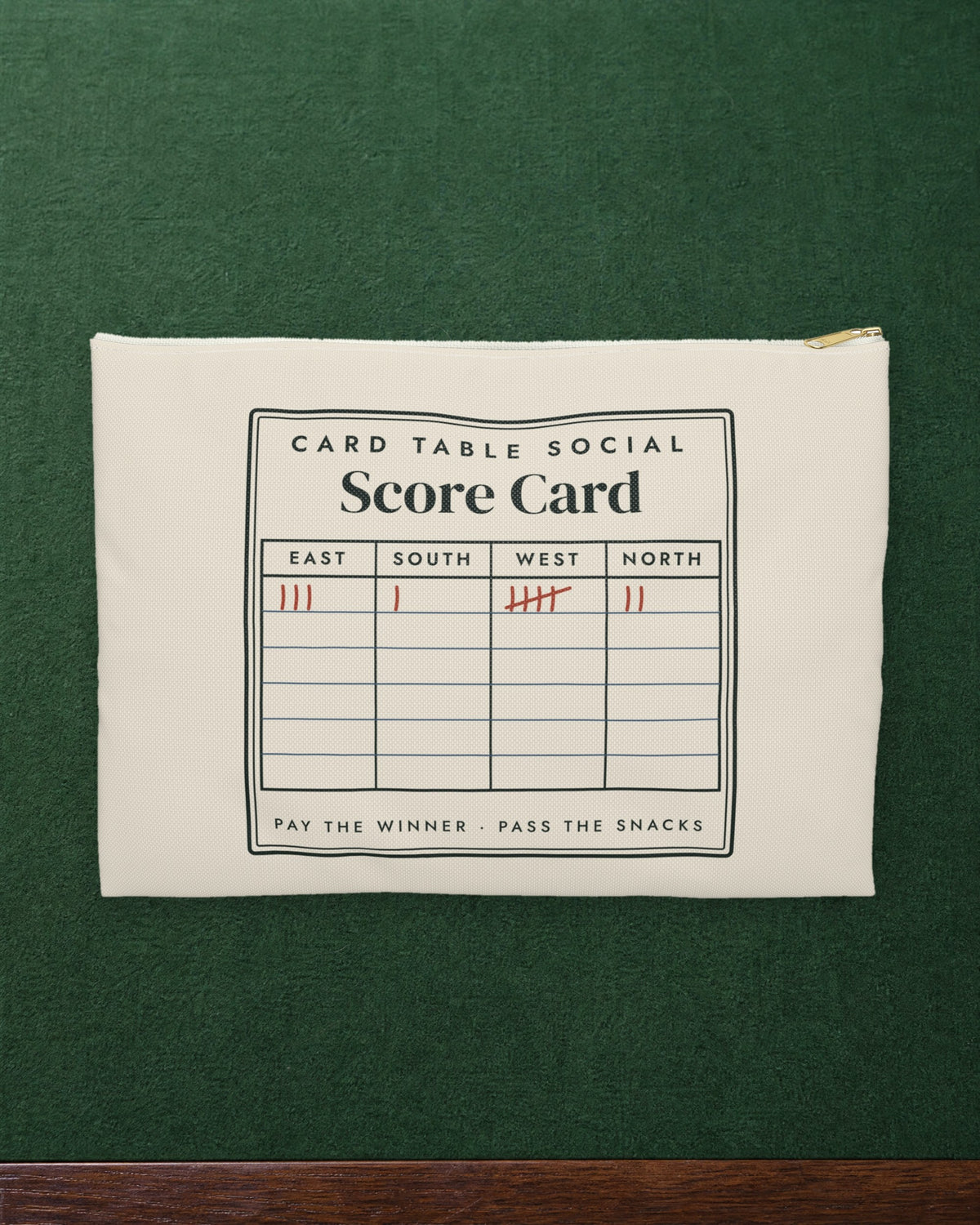 Score Card Zip Pouch in White zipper, styled