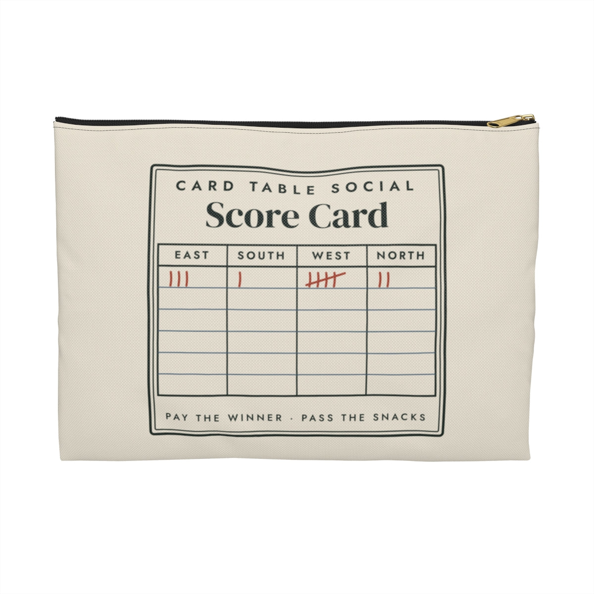 Score Card Zip Pouch in Black zipper, front view