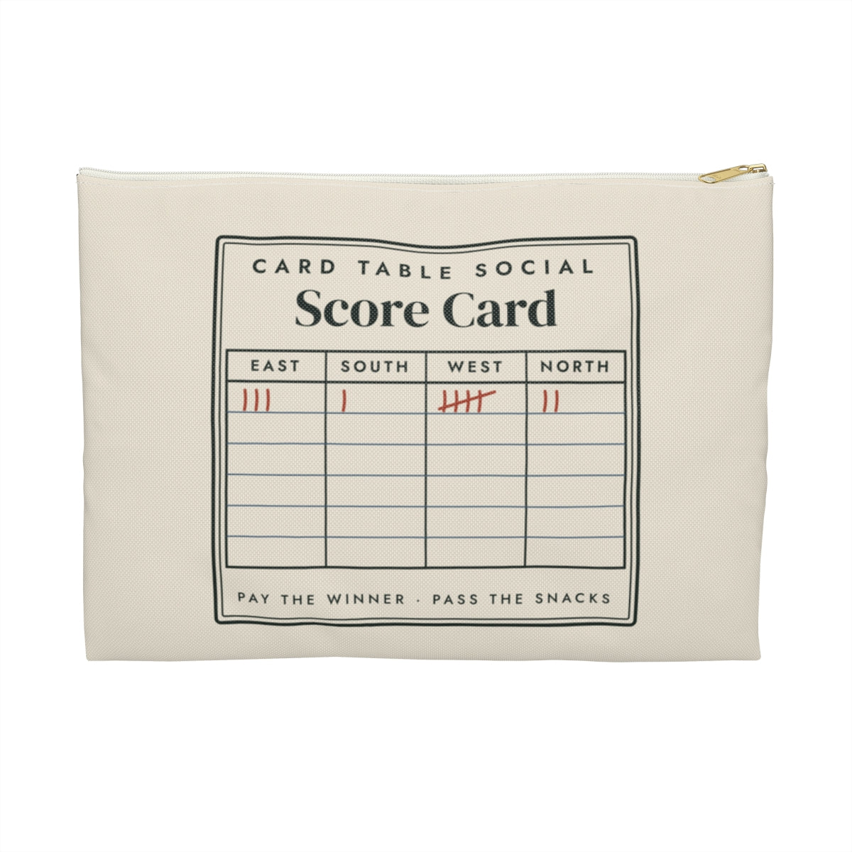 Score Card Zip Pouch in White zipper, front view