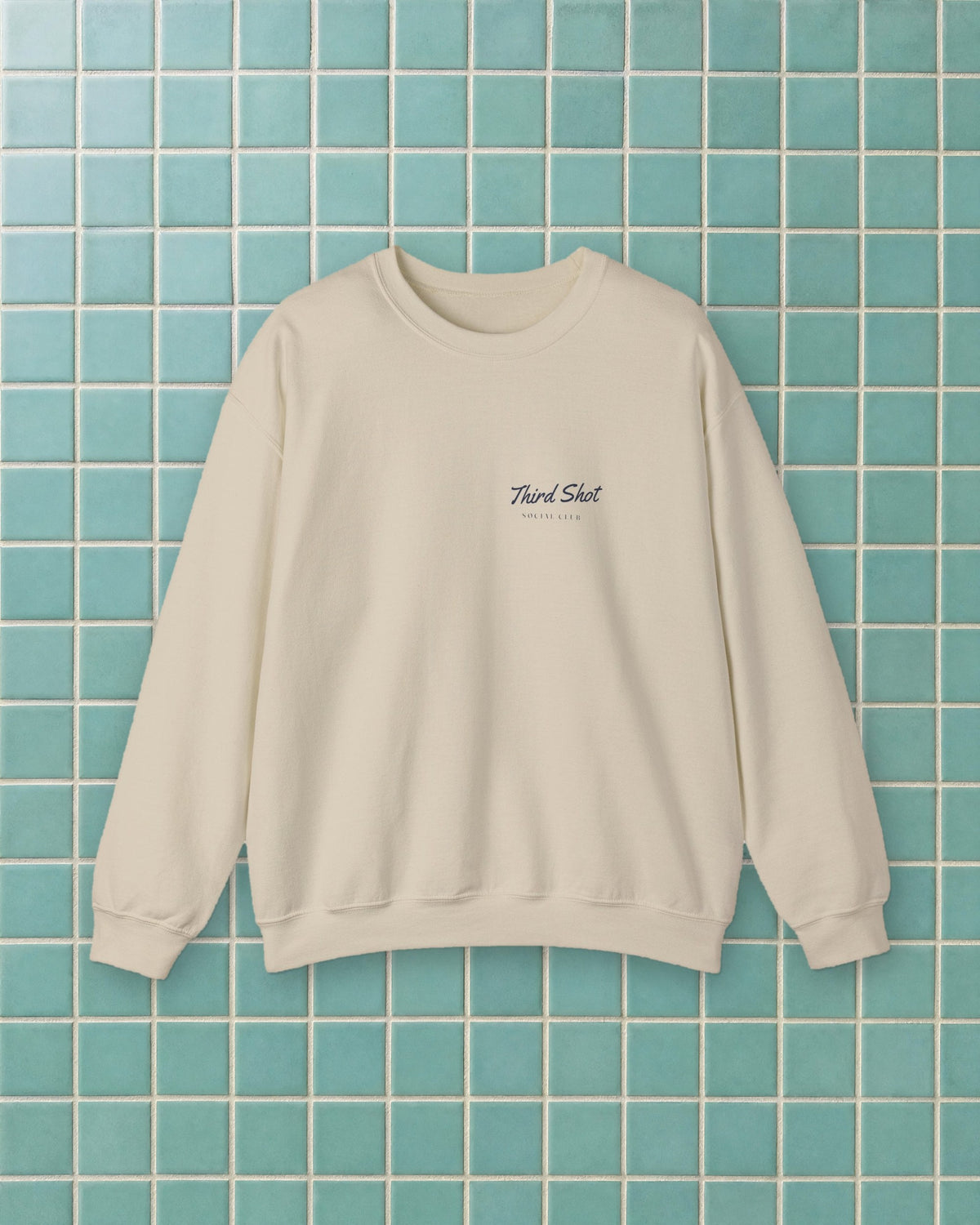 Script Chest Mark Crewneck in Sand, styled