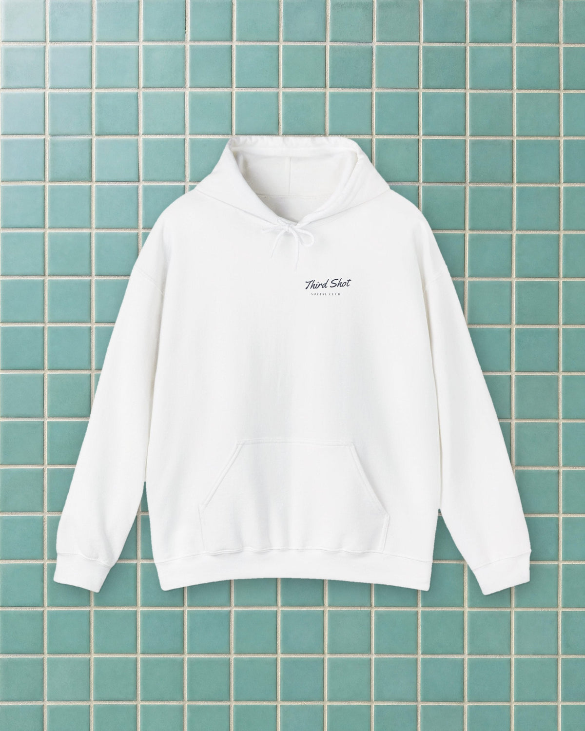 Script Chest Mark Hoodie in White, styled