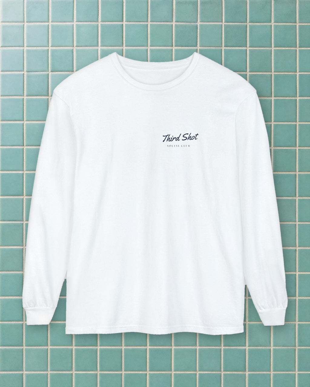 Script Chest Mark Long Sleeve Tee in White, styled