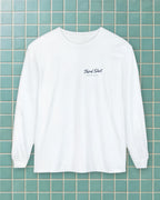 Script Chest Mark Long Sleeve Tee in White, styled