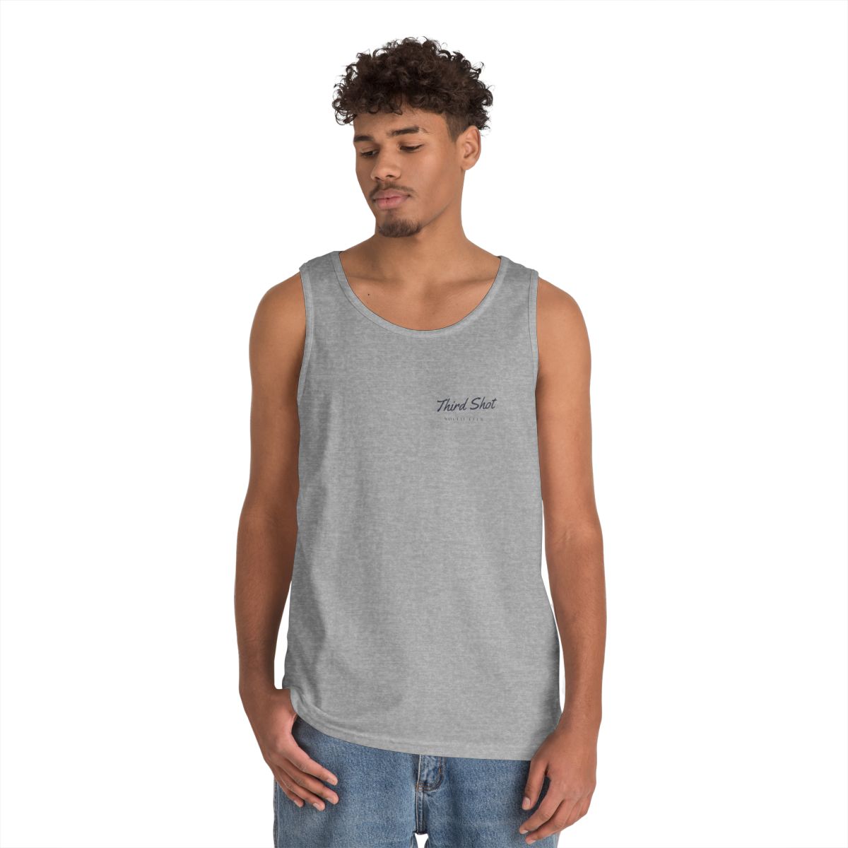 Script Chest Mark Tank in Sport Grey, on model