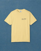 Script Chest Mark Tee in Butter, styled