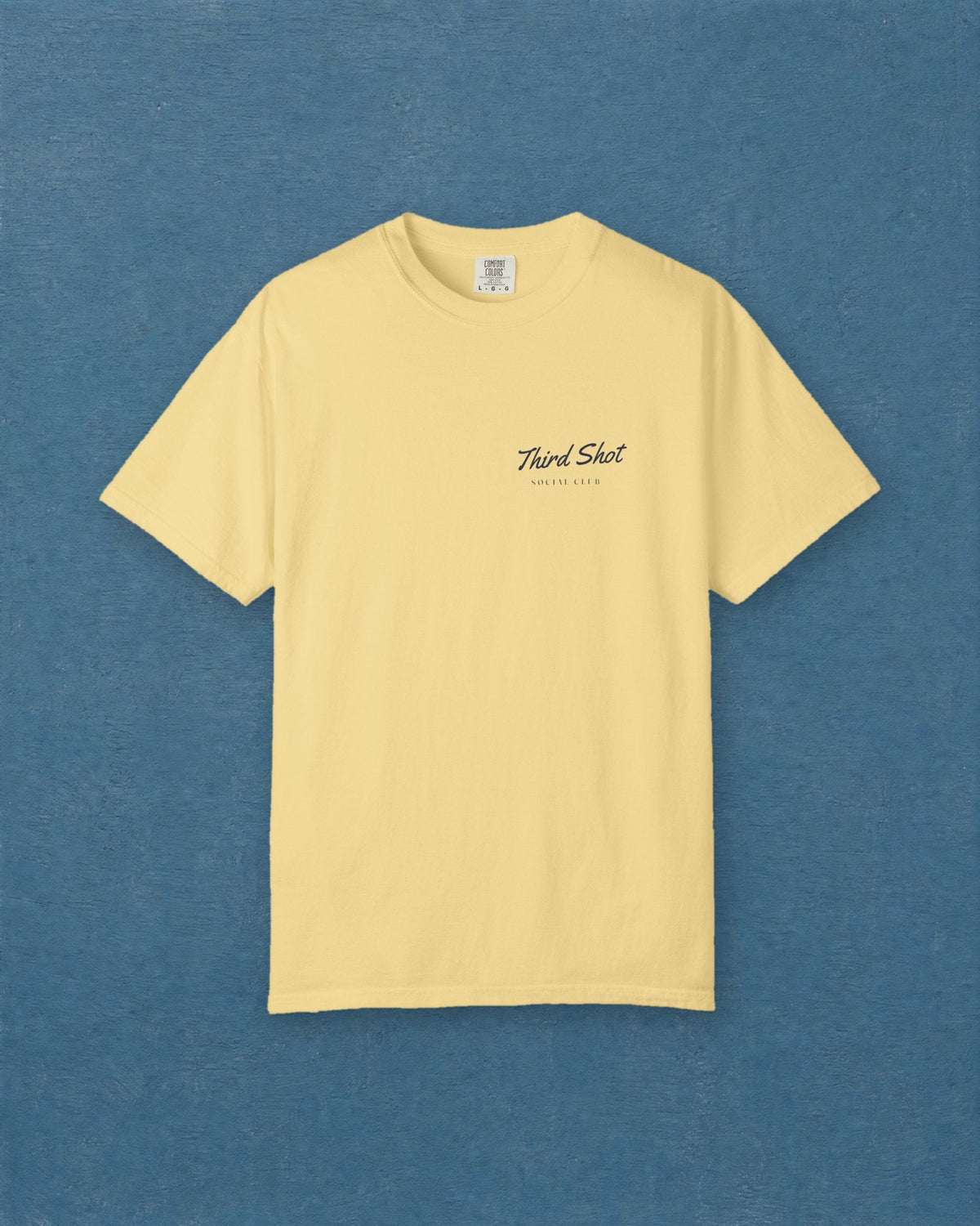 Script Chest Mark Tee in Butter, styled