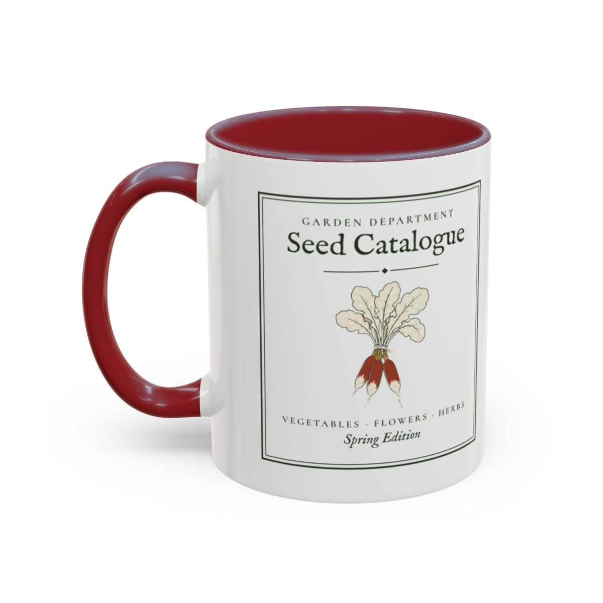 Seed Catalogue Mug in Maroon, left side