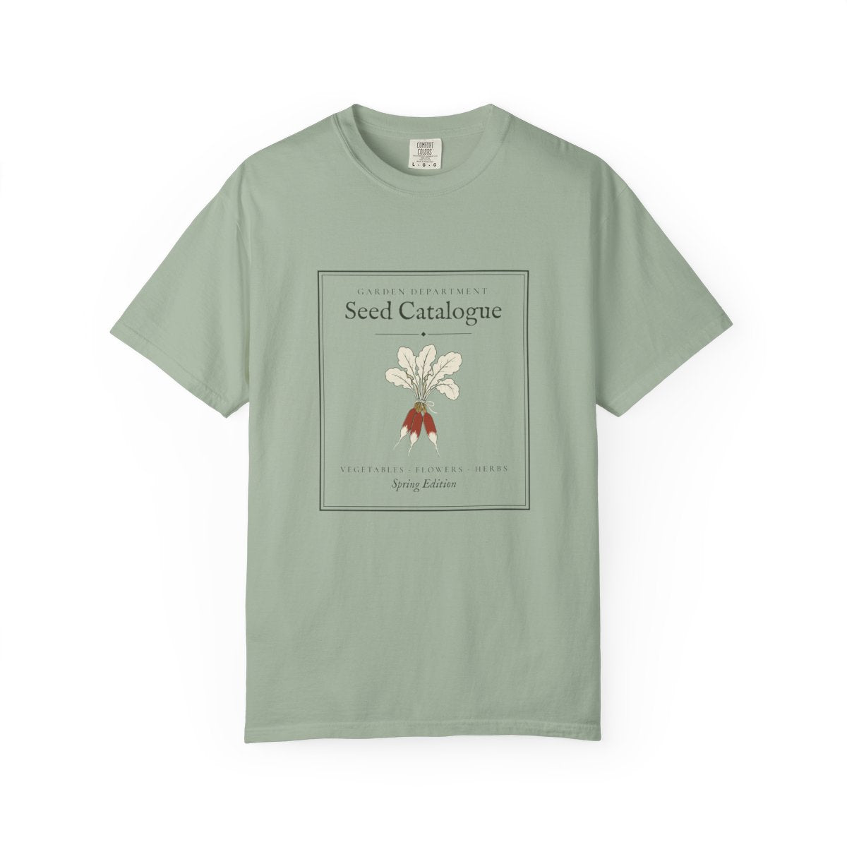 Seed Catalogue Tee in Bay, front view