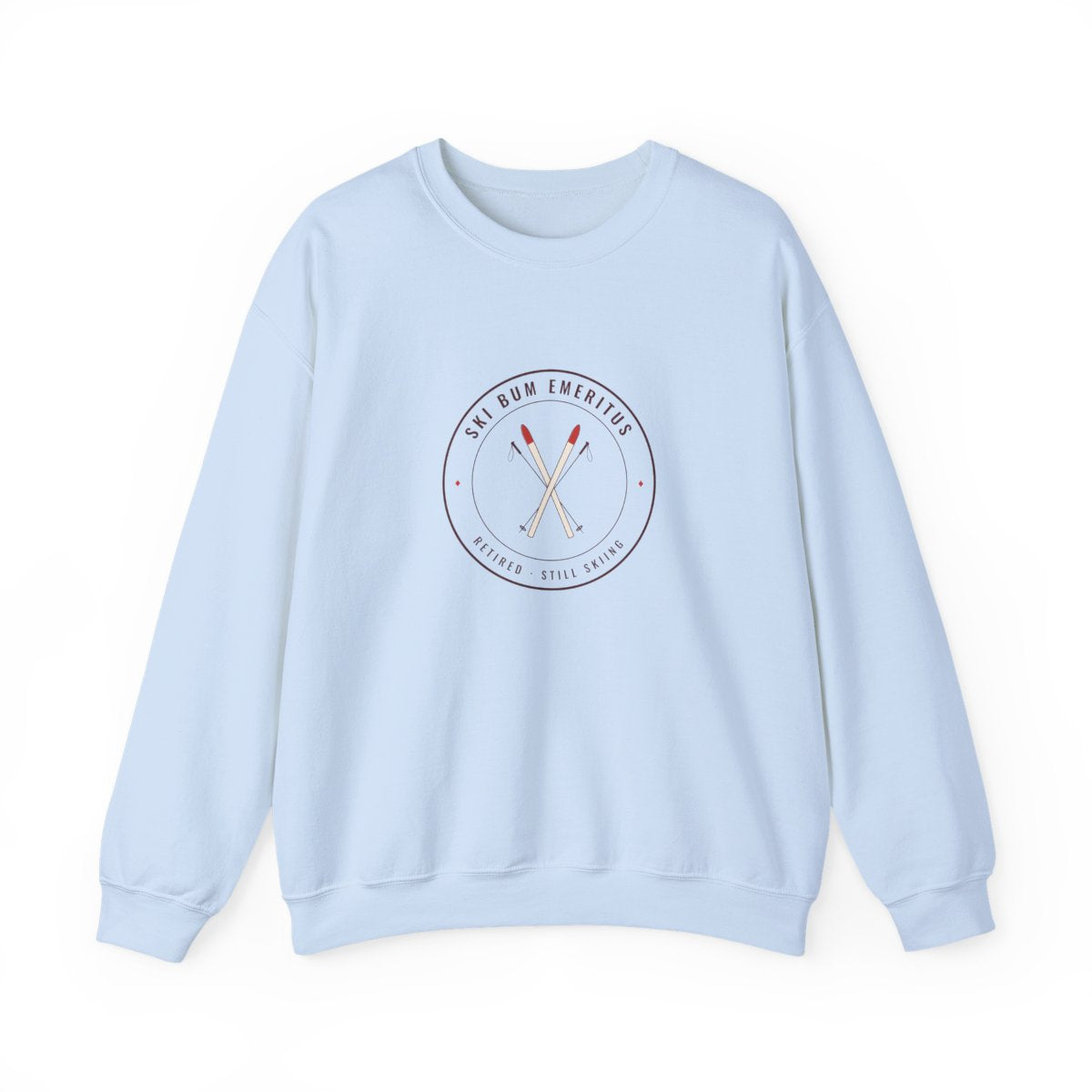 Ski Bum Emeritus Crewneck in Light Blue, front view