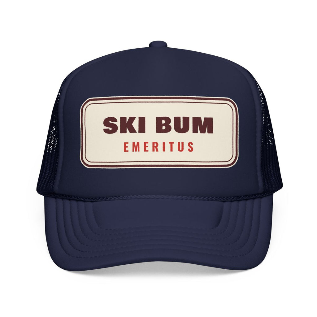 Ski Bum Emeritus Trucker Hat in Dark Navy, front view