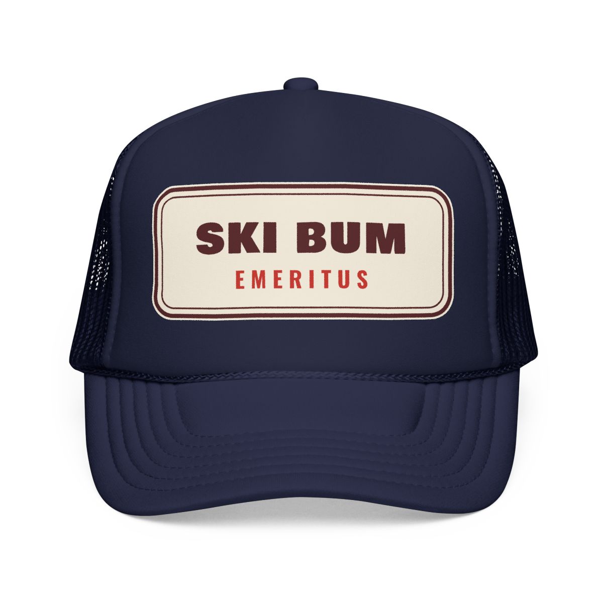 Ski Bum Emeritus Trucker Hat in Dark Navy, front view