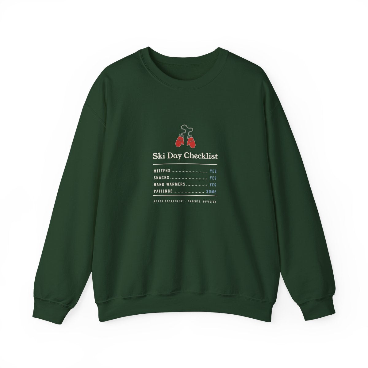 Ski Day Checklist Crewneck in Forest Green, front view