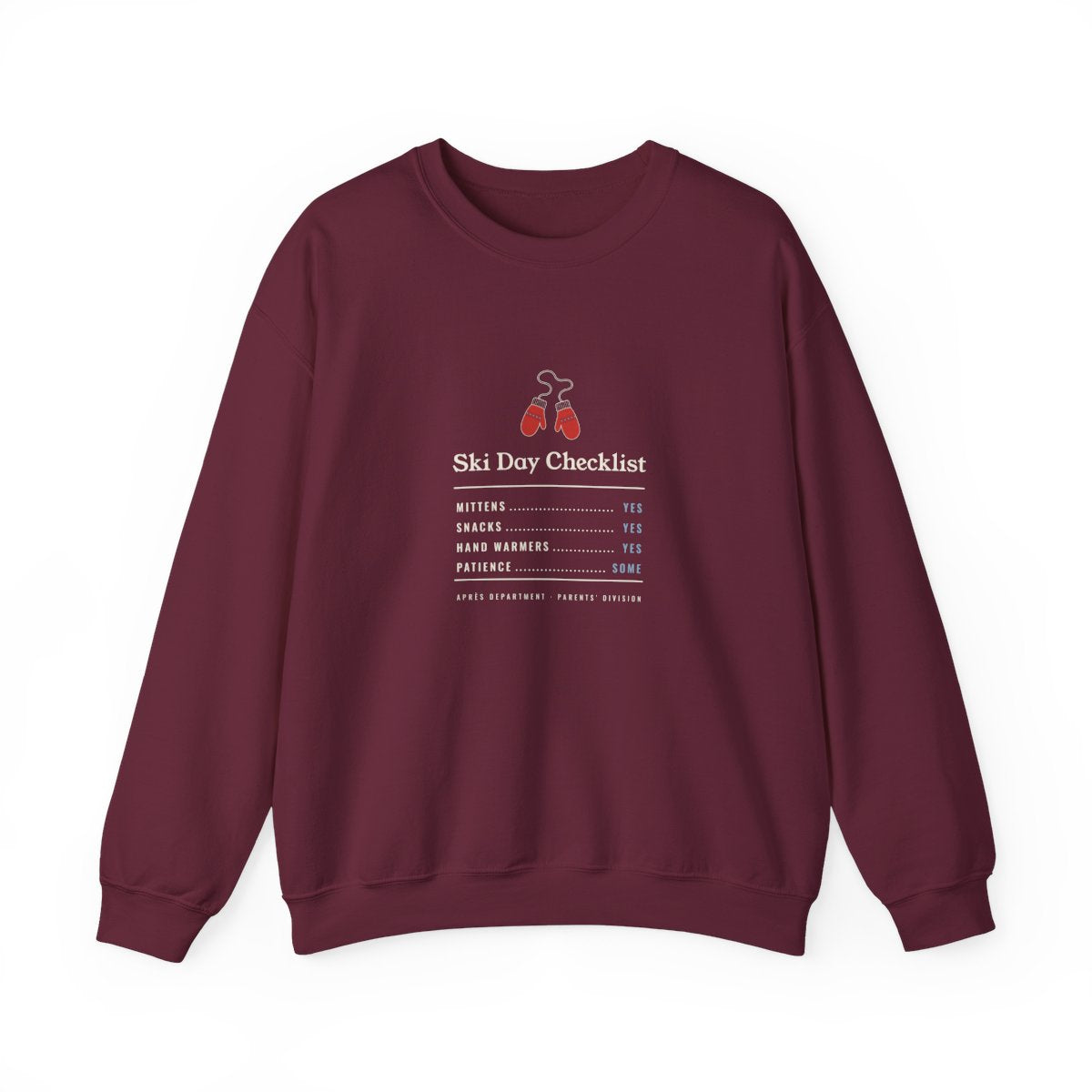 Ski Day Checklist Crewneck in Maroon, front view