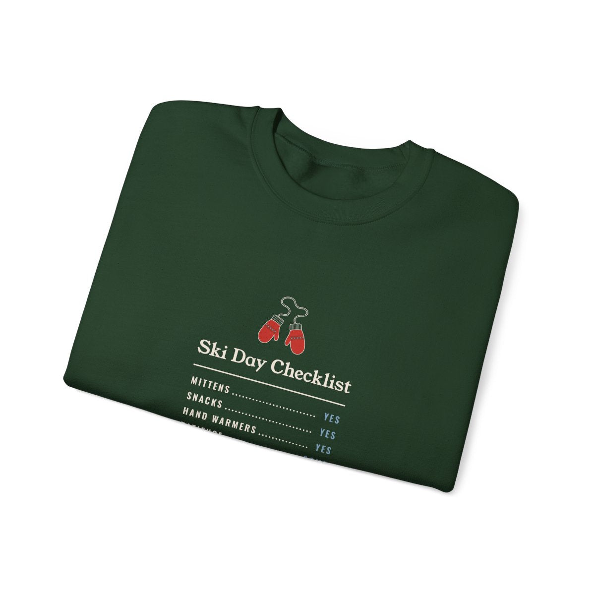 Ski Day Checklist Crewneck in Forest Green, folded