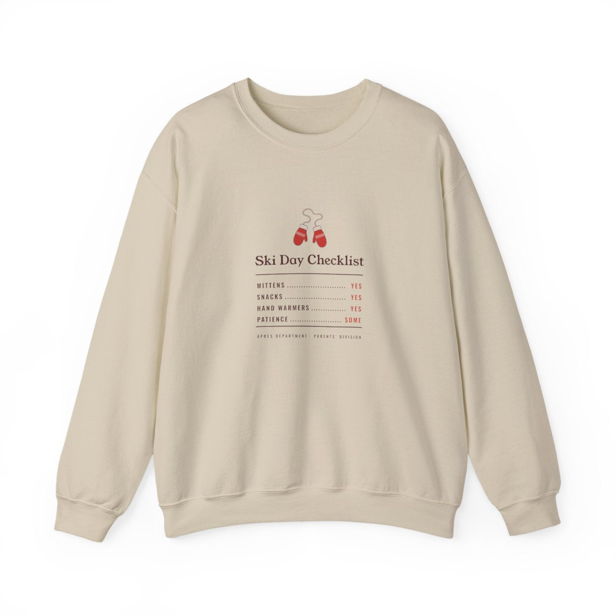 Ski Day Checklist Crewneck in Sand, front view
