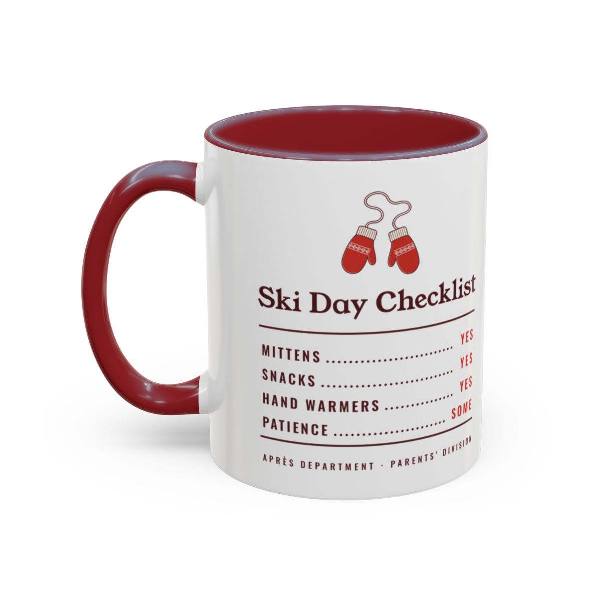 Ski Day Checklist Mug in Maroon, left side