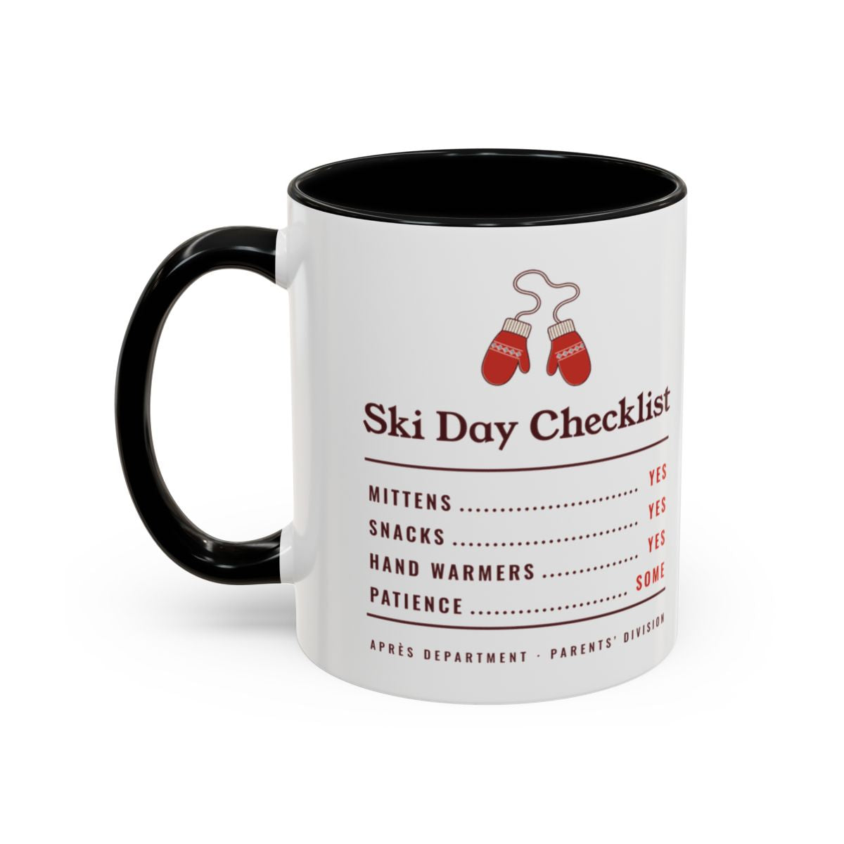 Ski Day Checklist Mug in Black, left side