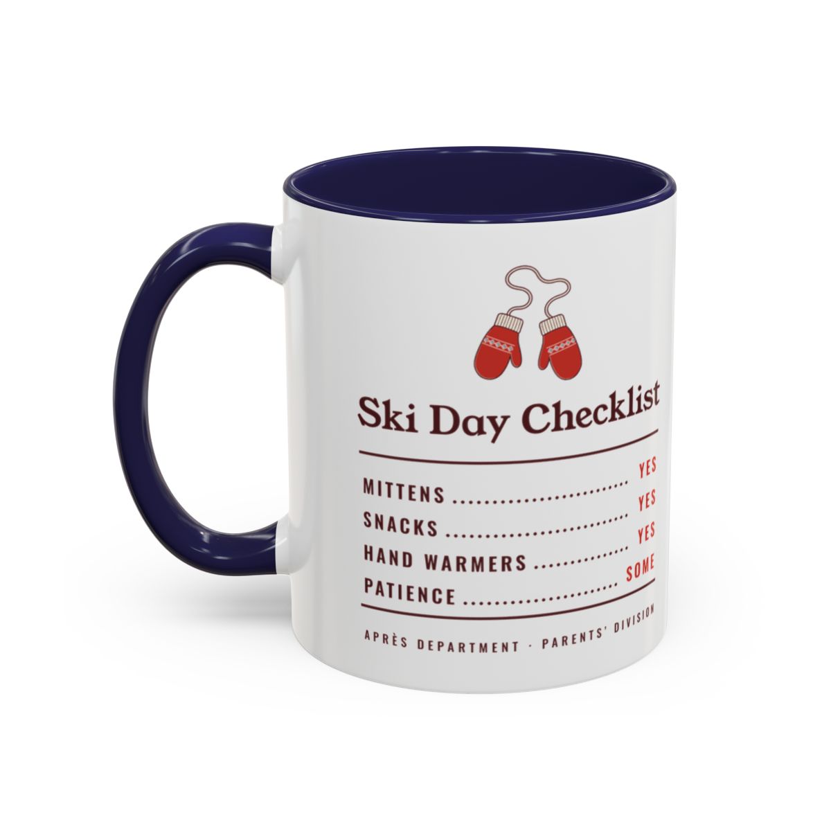 Ski Day Checklist Mug in Navy, left side