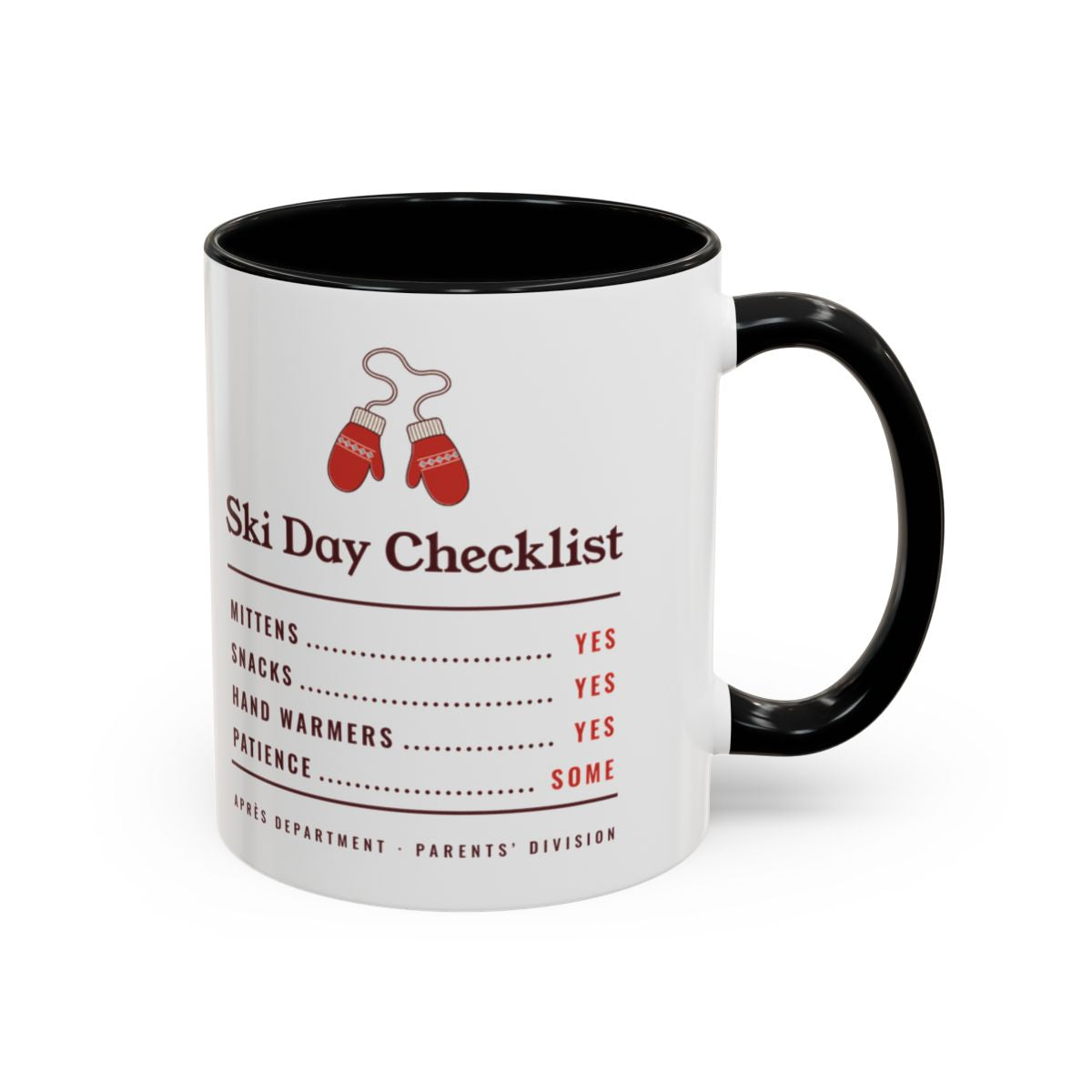 Ski Day Checklist Mug in Black, right side