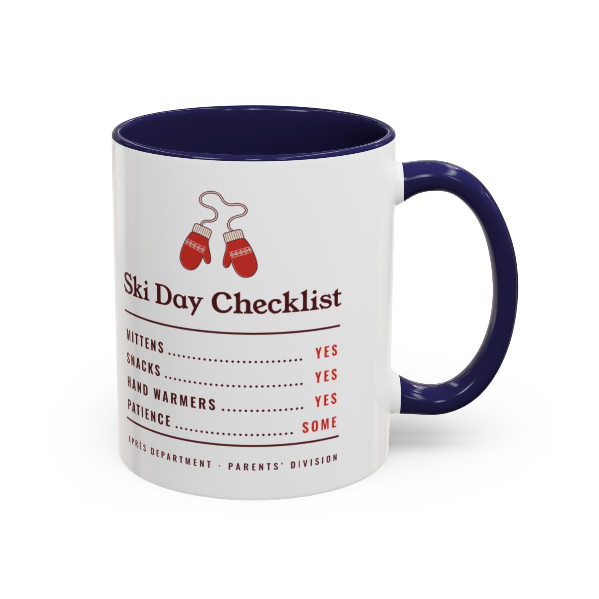 Ski Day Checklist Mug in Navy, right side