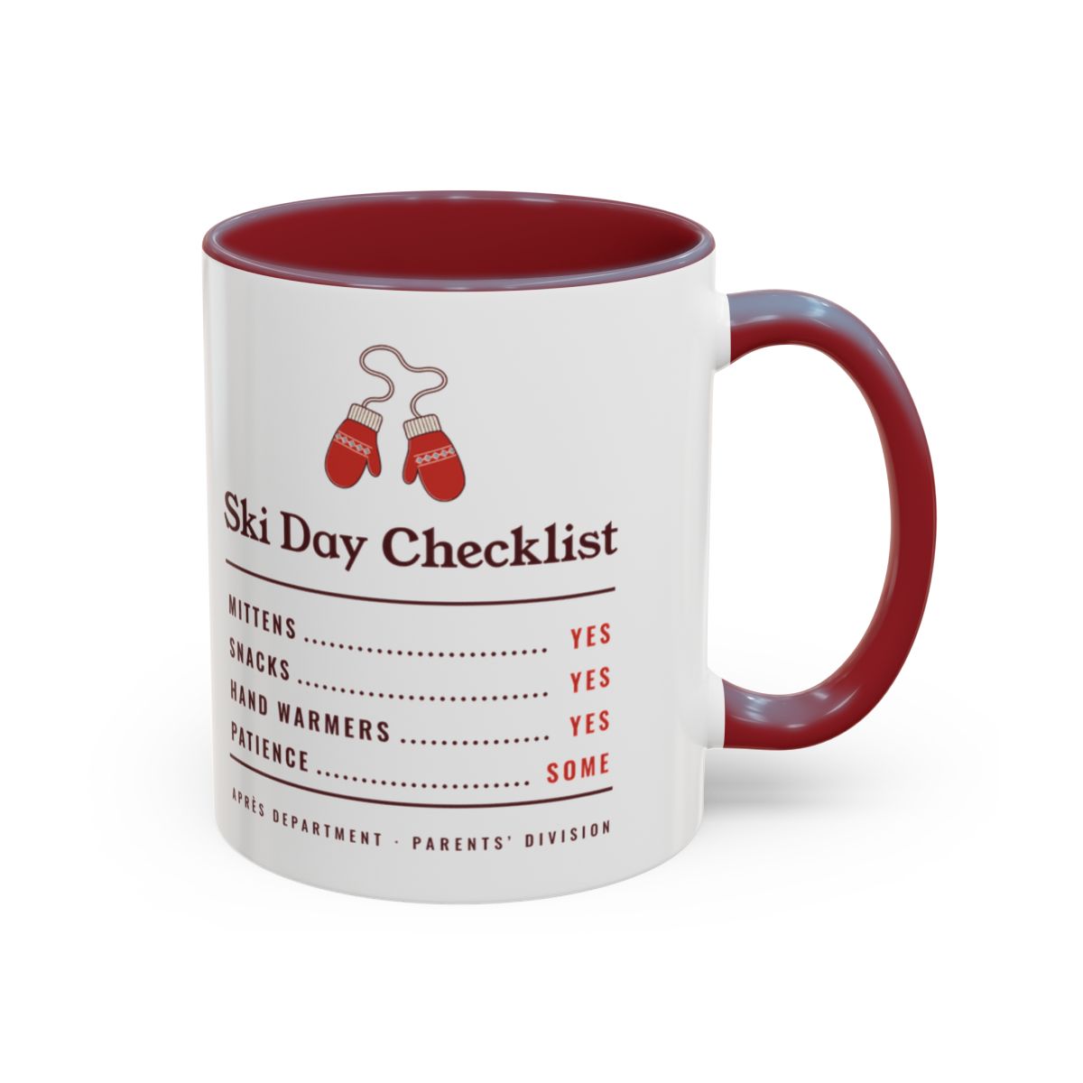 Ski Day Checklist Mug in Maroon, right side