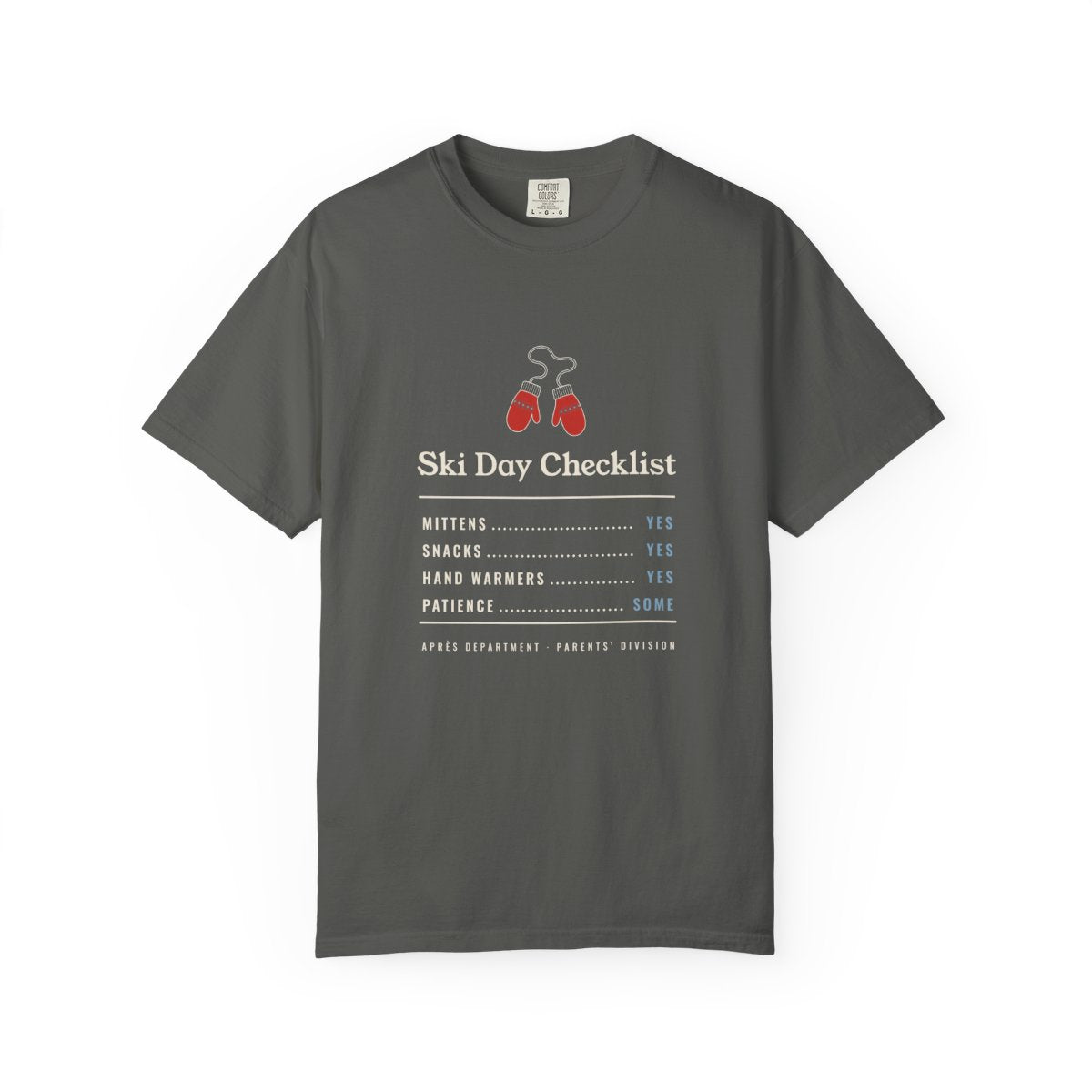 Ski Day Checklist Tee in Pepper, front view