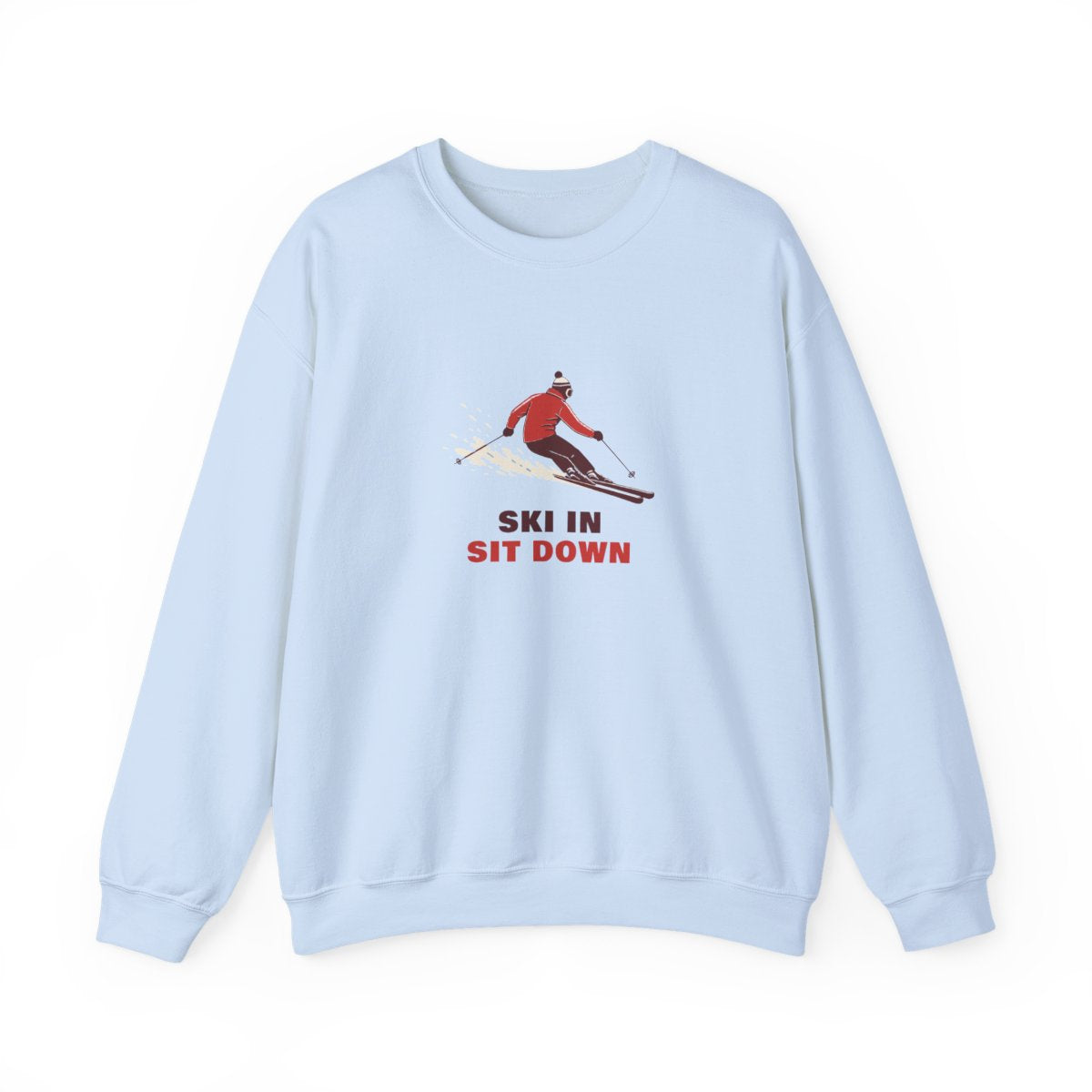Ski In, Sit Down Crewneck in Light Blue, front view