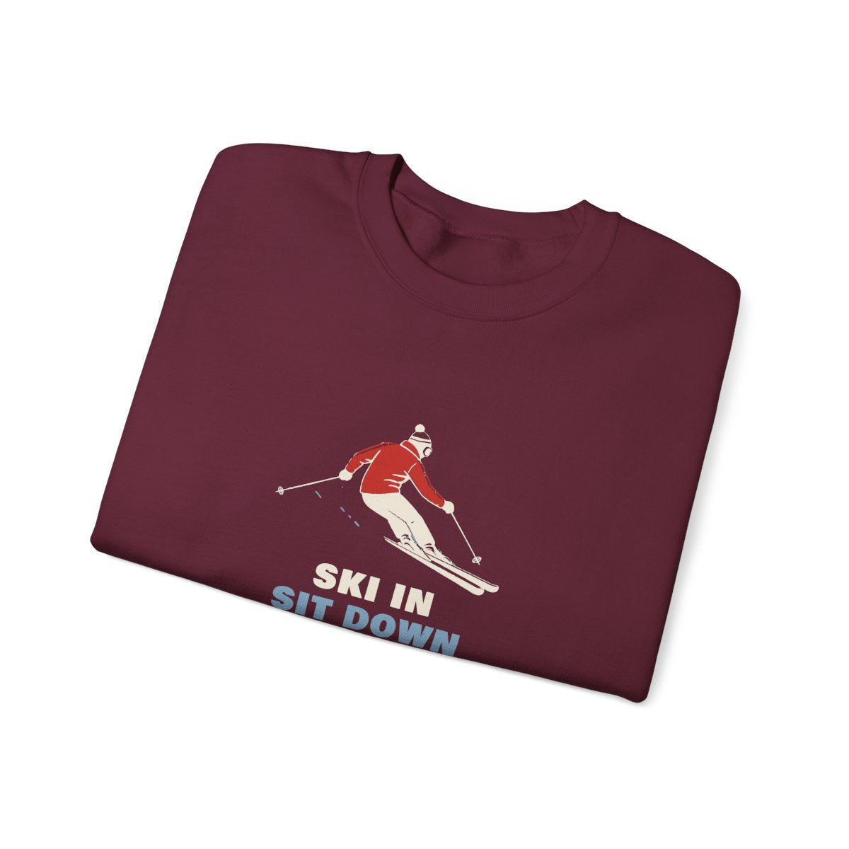 Ski In, Sit Down Crewneck in Maroon, folded