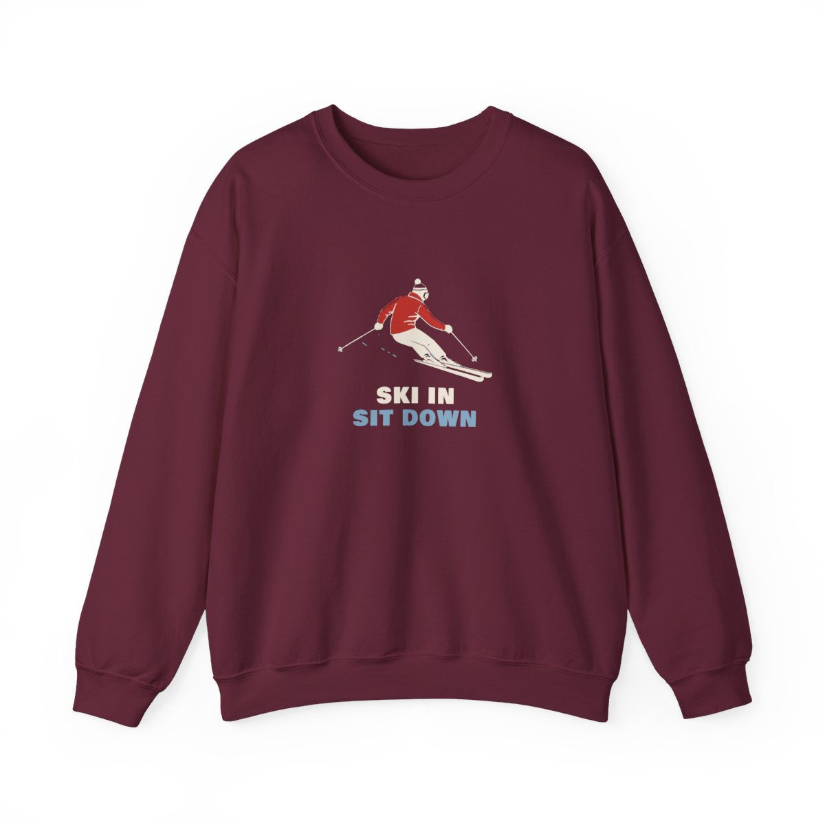 Ski In, Sit Down Crewneck in Maroon, front view
